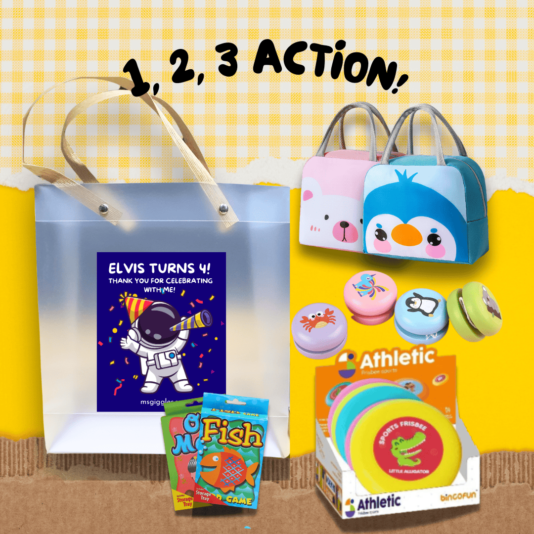 1,2,3 Action! Goodie Bag with colorful lunch bags, flying frisbee, twirling yoyo, and card games for kids' outdoor fun and parties