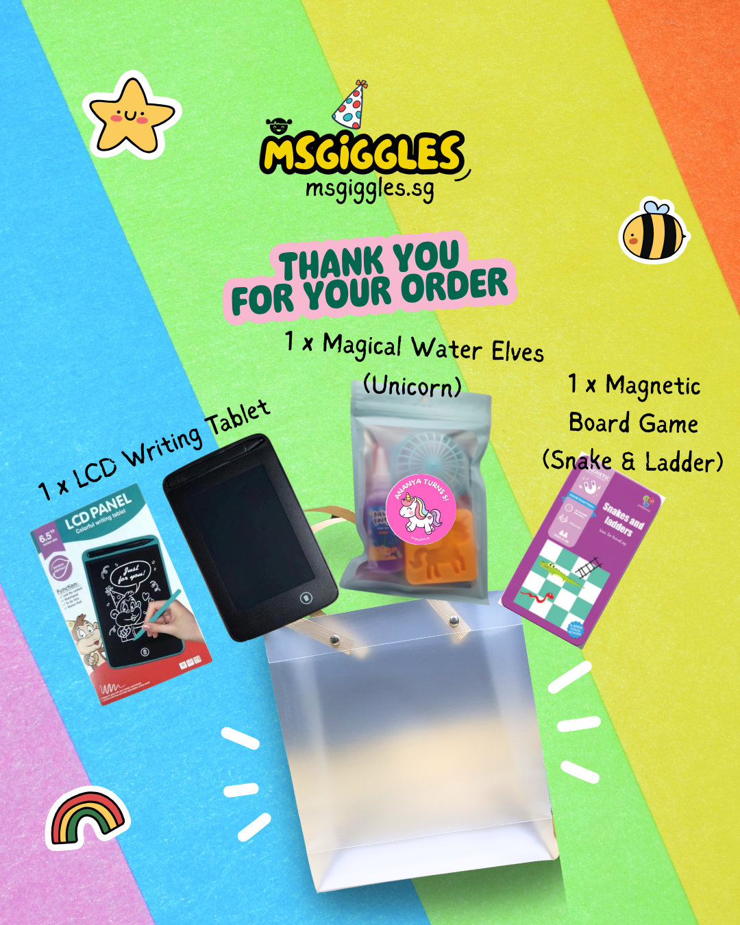 High Five Magic Party Pack with an LCD writing tablet, colorful water elves, and a magnetic snake and ladder game.