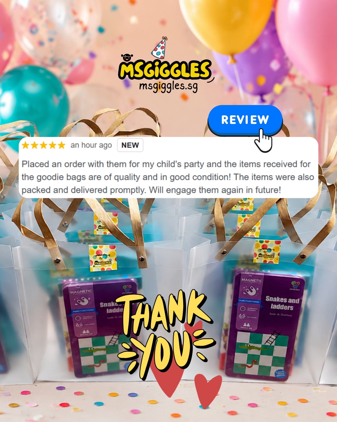 High Five Magic Party Pack with translucent gift bags, gold ribbon handles, colourful confetti and party games inside.