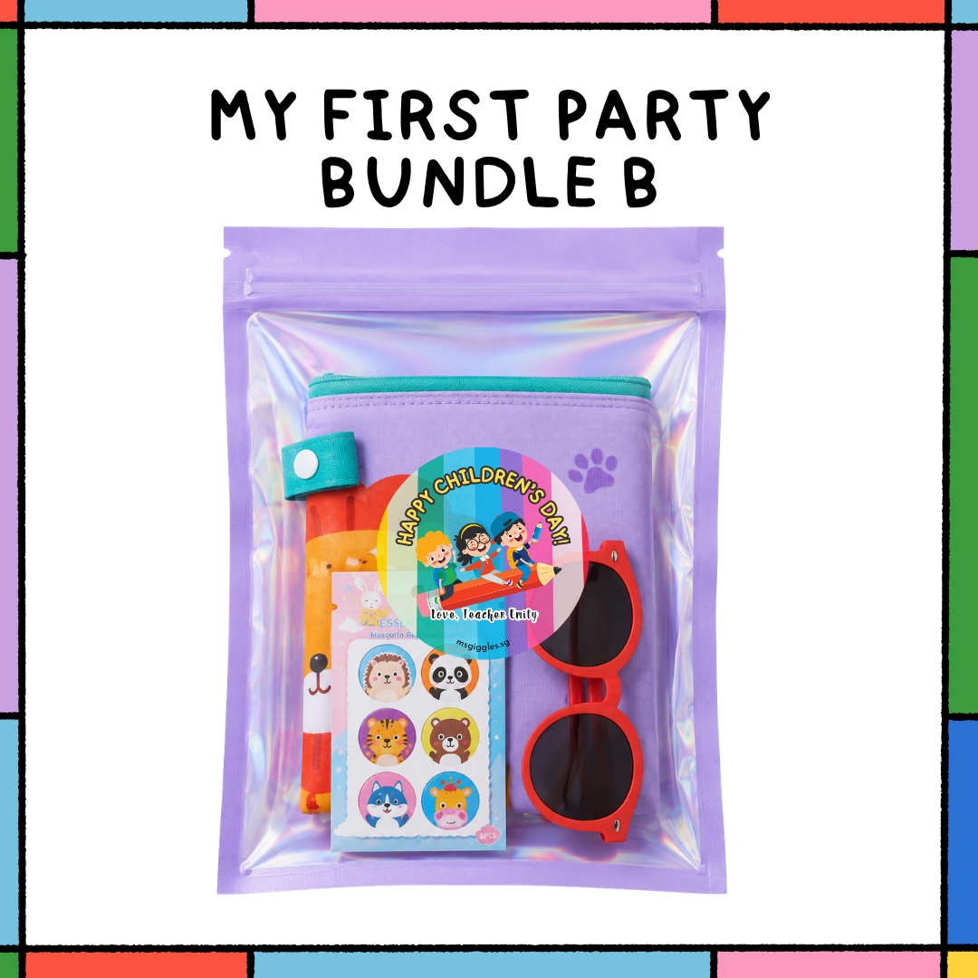 Colorful My First Party swag pack with party hats, blowouts, and decorations on a table