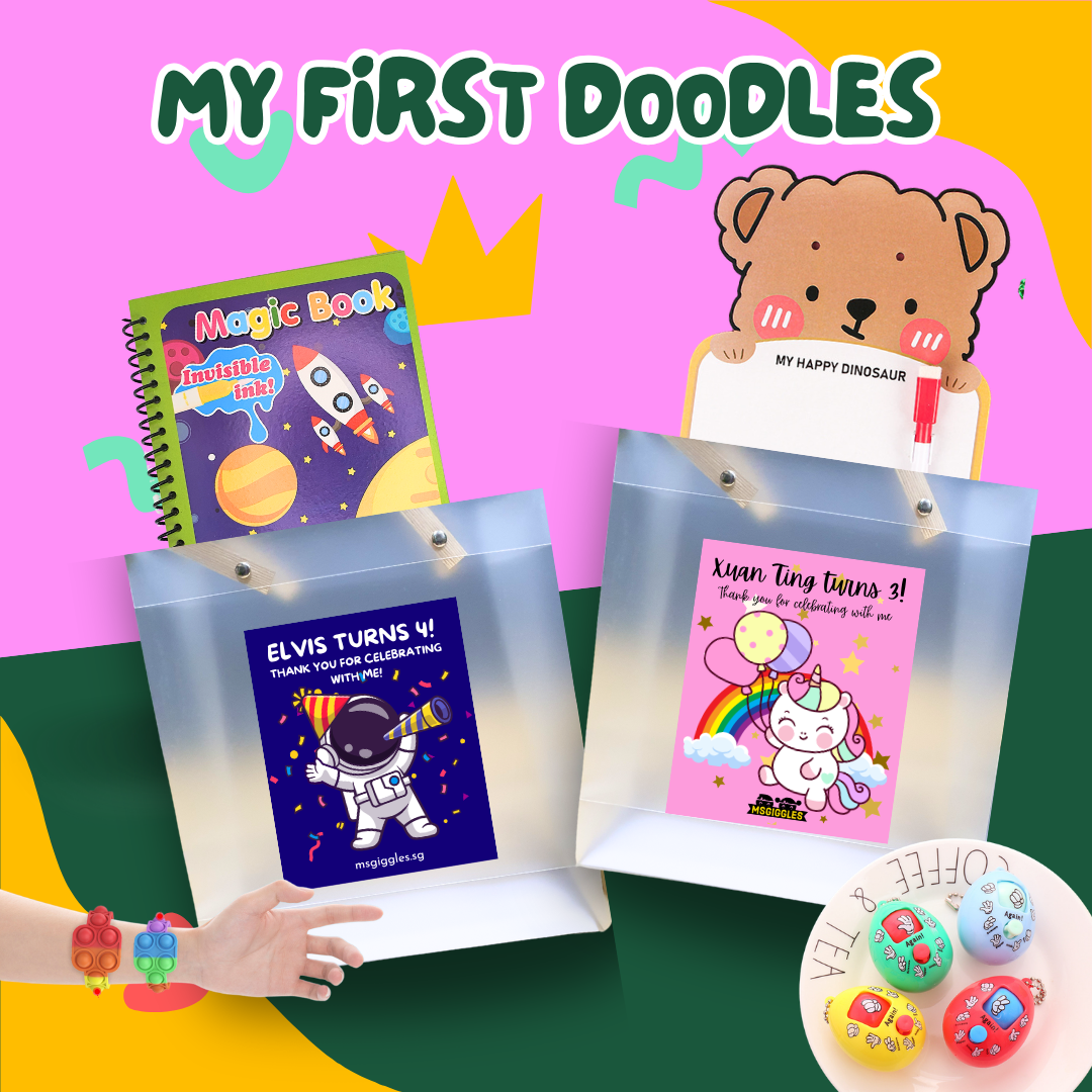 My First Doodles Party Pack colorful kids goodie bags with magic water coloring book, EVA foam stickers, bubbles, and surprise toy