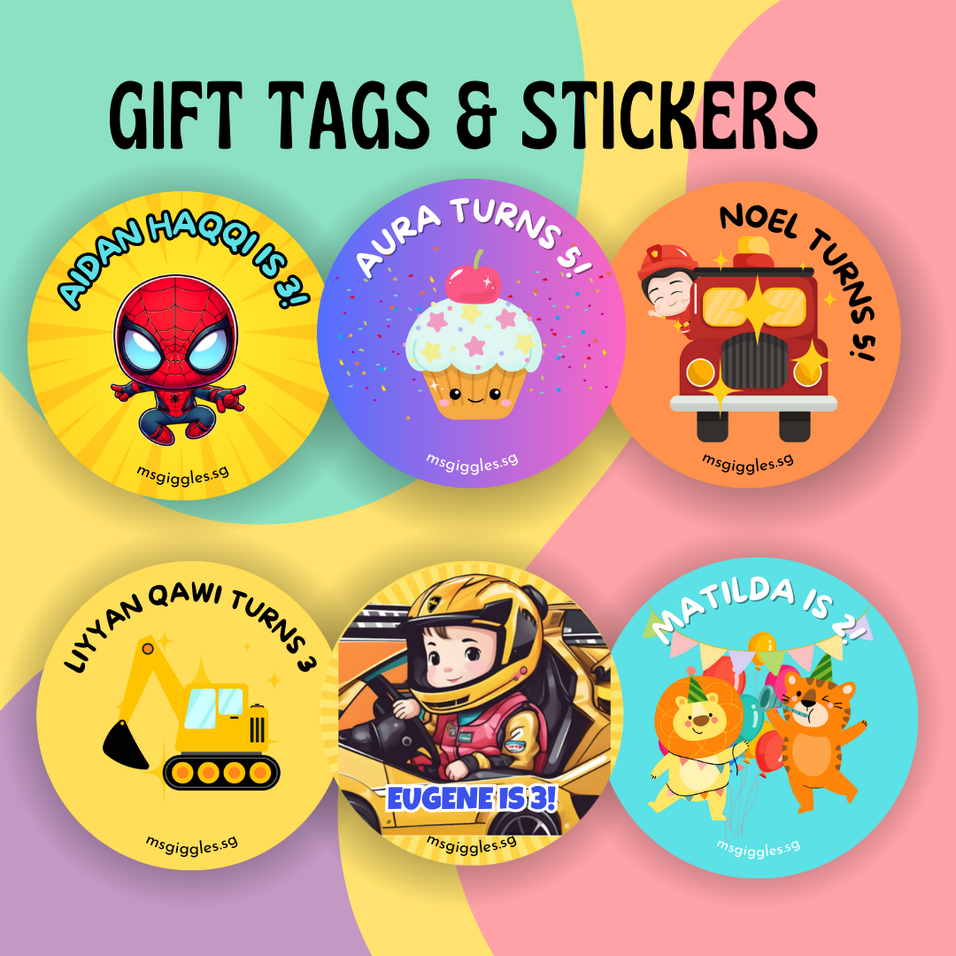 Personalized gift tags and stickers with fixed font styles and MsGiggles branding for various occasions