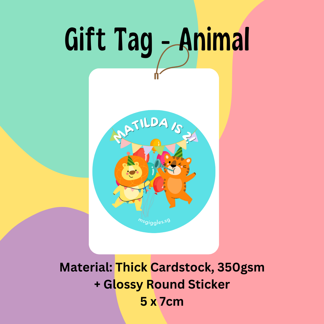 Personalised gift tags and stickers with short messages and MsGiggles branding
