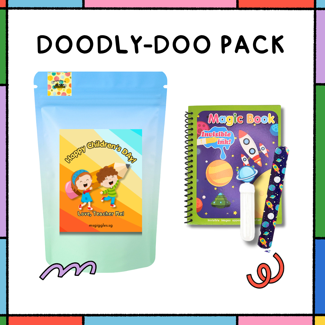 Doodly-Doo Party Pack colorful snack assortment and decorations