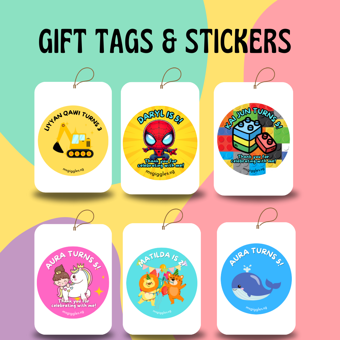 Personalizable gift tags and stickers with fixed font styles and MsGiggles branding for birthdays and celebrations
