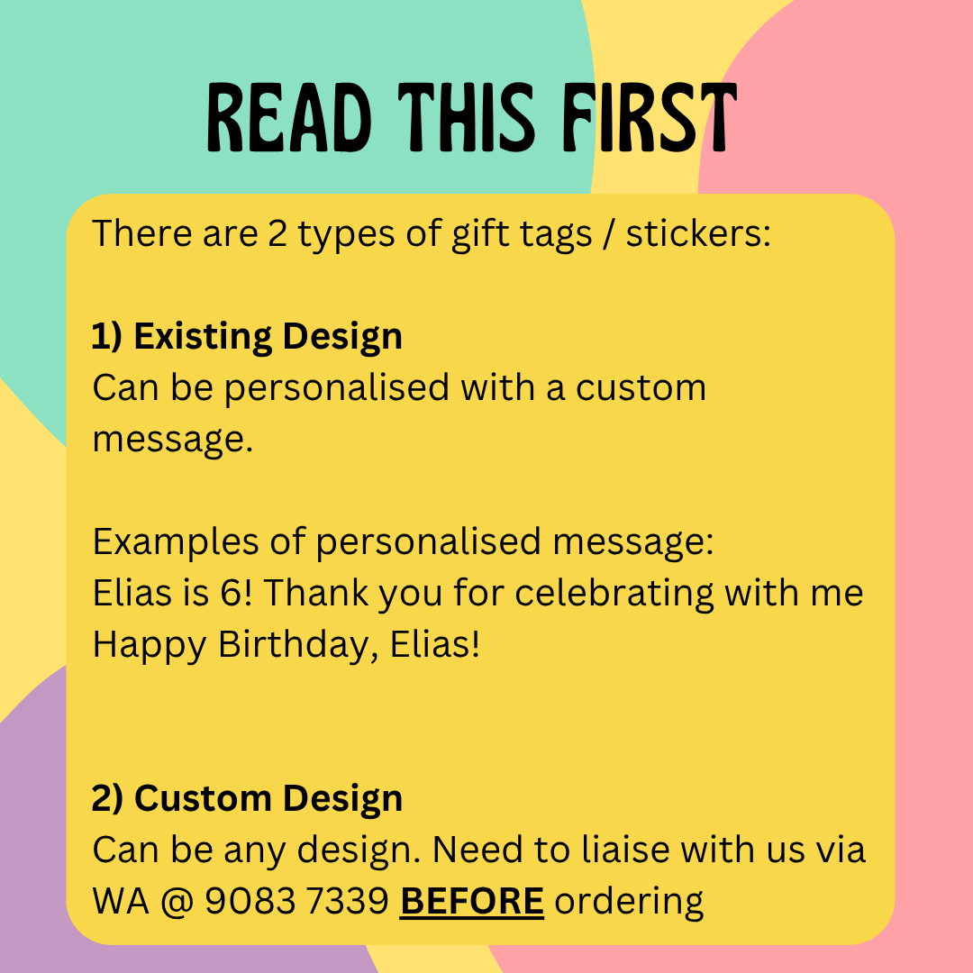 Gift tags and stickers with customizable messages on colorful background.