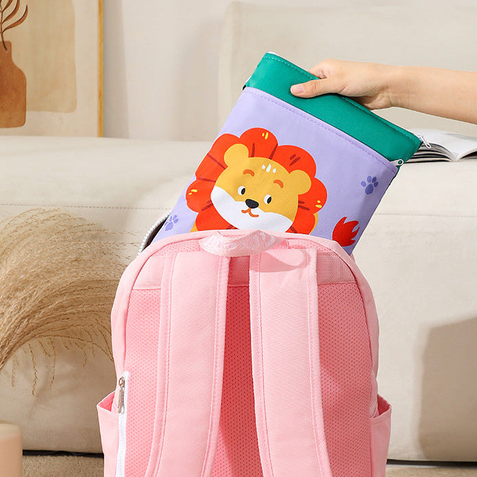 Cute diaper bag featuring colorful animal illustration on front pocket