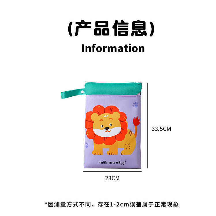 Cute diaper bag with colorful animal illustration on front pocket