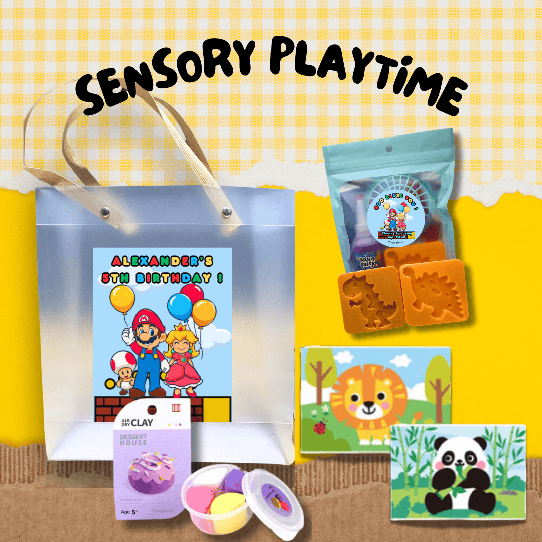 Sensory Playtime Party Pack with air dry clay, colorful foam stickers, and water elf-themed craft supplies for creative sensory play.