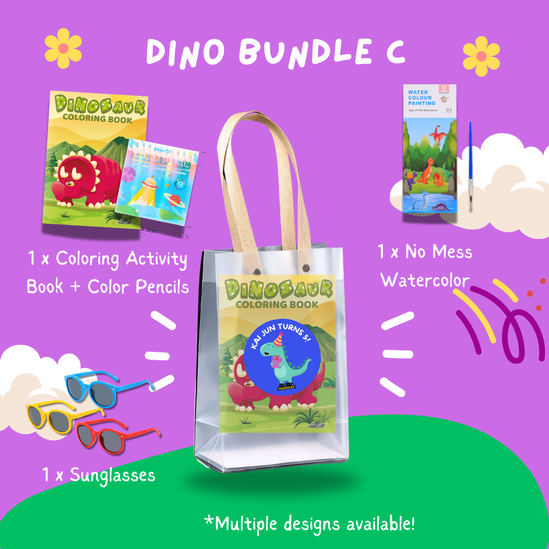 Fun with Colors Dino Bundle C kids party goodie bag with dinosaur coloring book, color pencils, no mess watercolor, and sunglasses on purple background