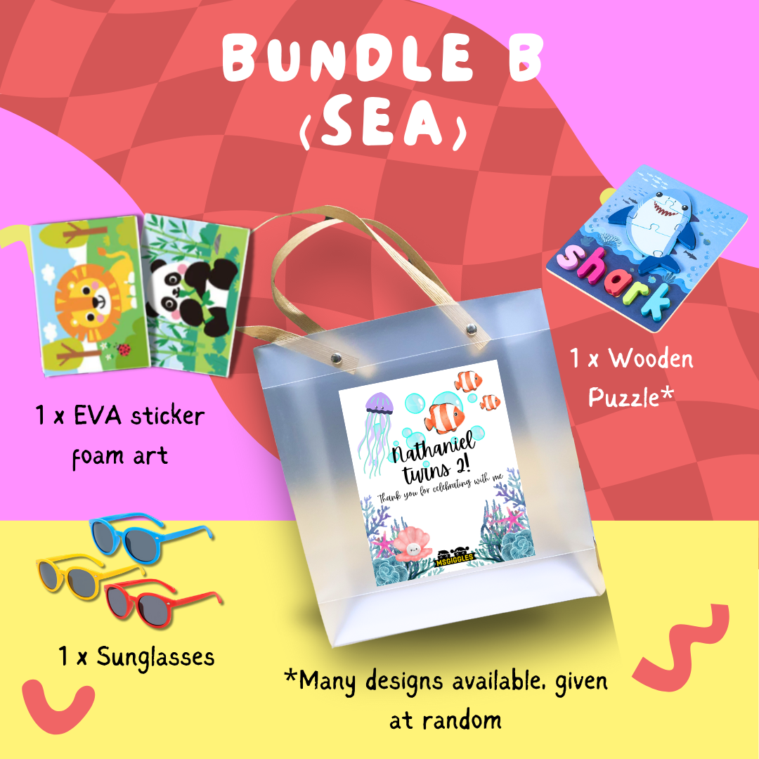 Montessori Puzzle Party Pack Bundle B Sea with wooden puzzle, EVA foam sticker, and sunglasses in gift bag