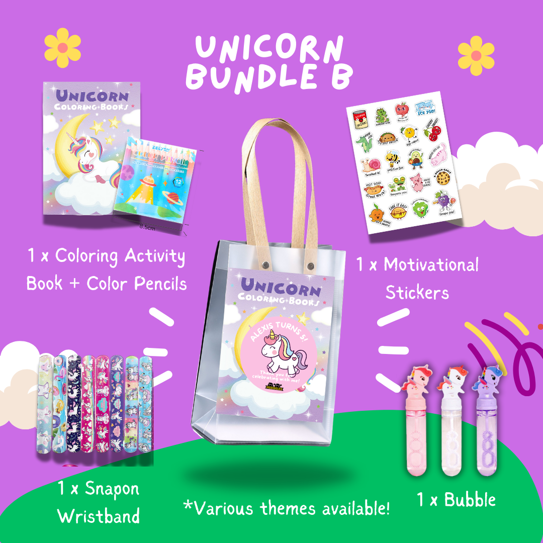 Fun with Colors Party Pack for kids with coloring book, color pencils, stickers, snap-on wristband, and bubble wand in a goodie bag.
