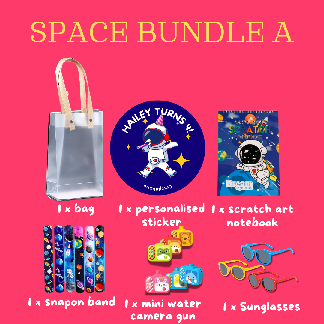 Scratch Art Party Pack with personalized sticker, scratch art notebook, space-themed snap bands, mini water camera gun, sunglasses, and silver goodie bag.