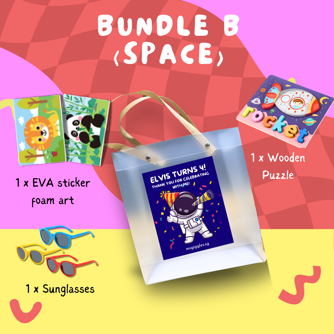 Montessori Puzzle Party Pack kids goodie bag with wooden puzzle, EVA sticker foam art, sunglasses, and space-themed packaging