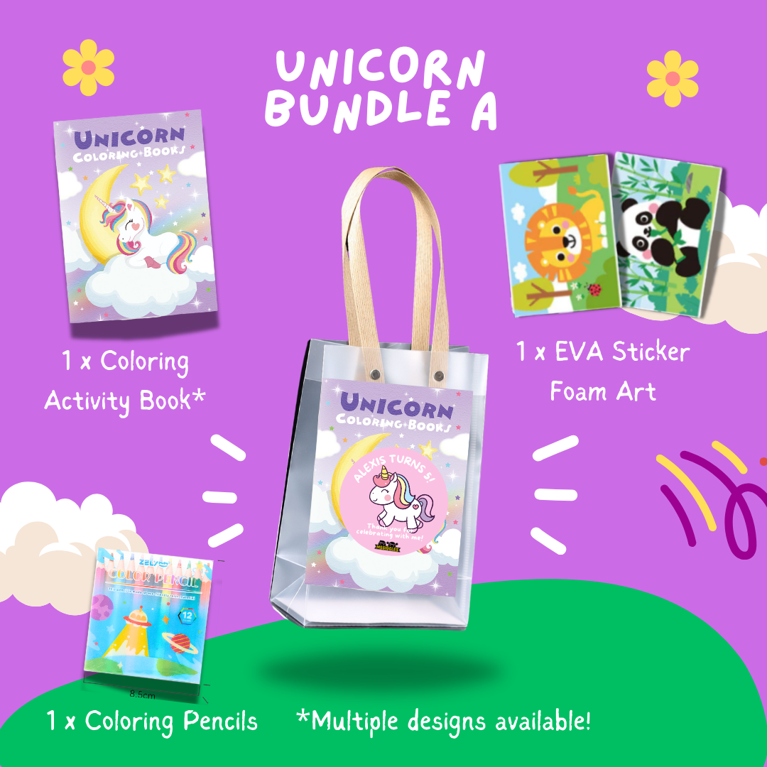 Fun with Colors party pack Bundle A with unicorn coloring book, coloring pencils, and EVA foam stickers in a clear bag