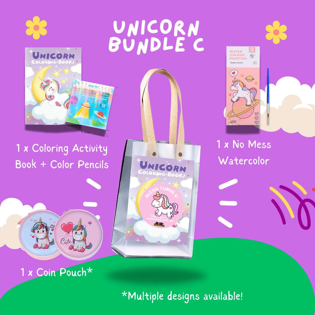 Fun with Colors Party Pack - Bundle C with coloring book, no mess watercolor, coin pouch, in a clear bag on purple background.