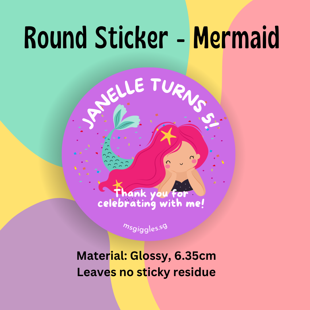 Round mermaid-themed sticker with "Janelle Turns 5!" message, 6.35cm, glossy material.