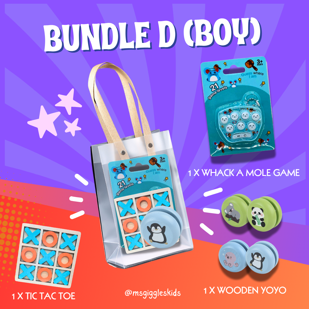 Challenge A Friend Party Pack with tic tac toe, whack-a-mole game, and wooden yoyo for kids' entertainment.