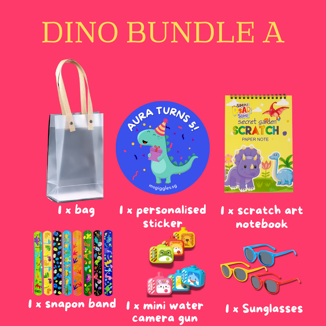 Scratch Art Party Pack Dino Bundle with personalized sticker, scratch art notebook, snapon bands, mini water camera guns, sunglasses, and party bag