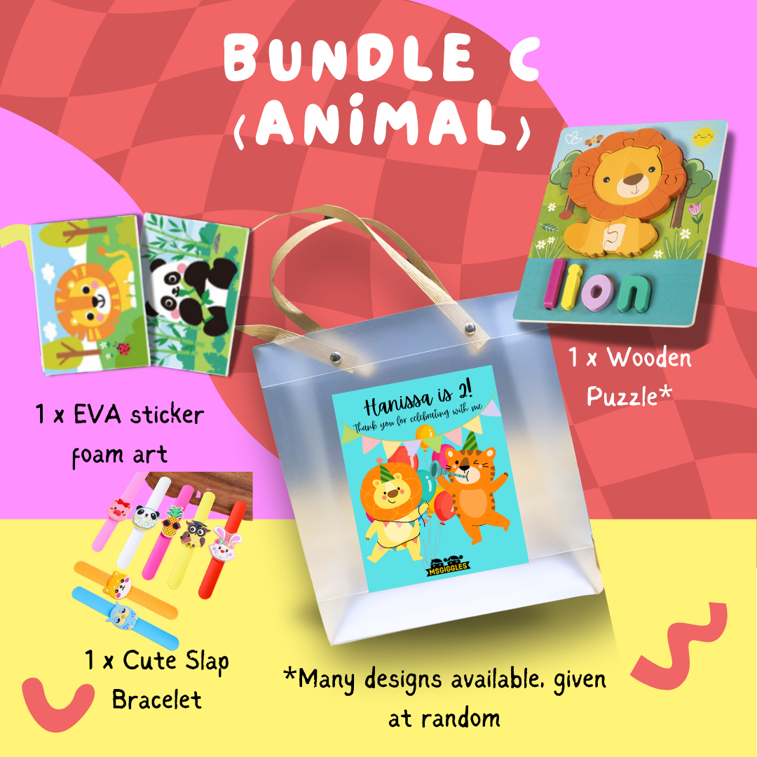Montessori Puzzle Party Pack kids goodie bag with wooden puzzle, slap bracelet, and EVA stickers in animal design