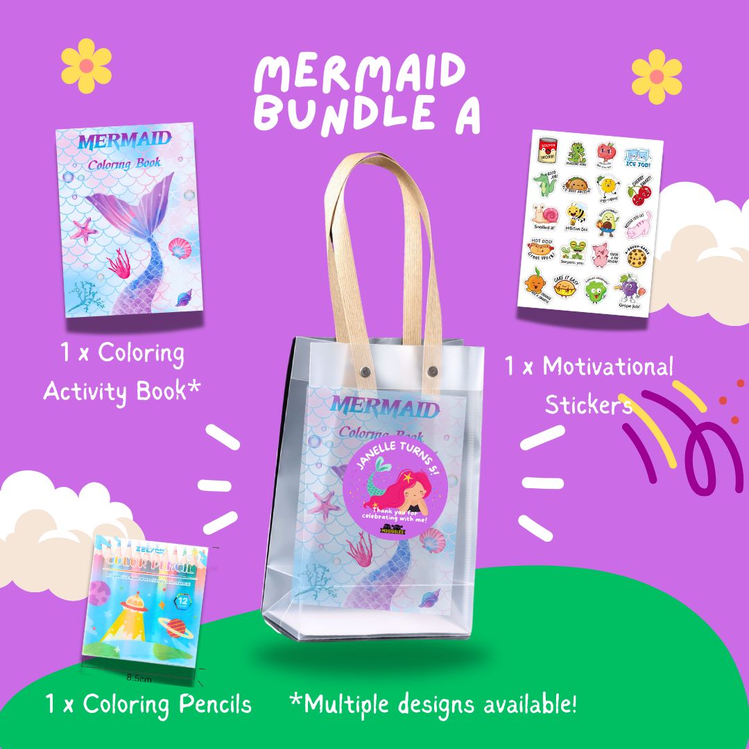 Fun with Colors Party Pack - Mermaid Bundle A with coloring book, pencils, and motivational stickers on vibrant background.