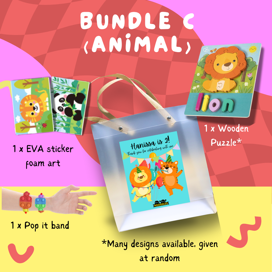 Montessori Puzzle Party Pack kids goodie bags with wooden puzzles, bubbles, sunglasses, EVA stickers, and pop it bands