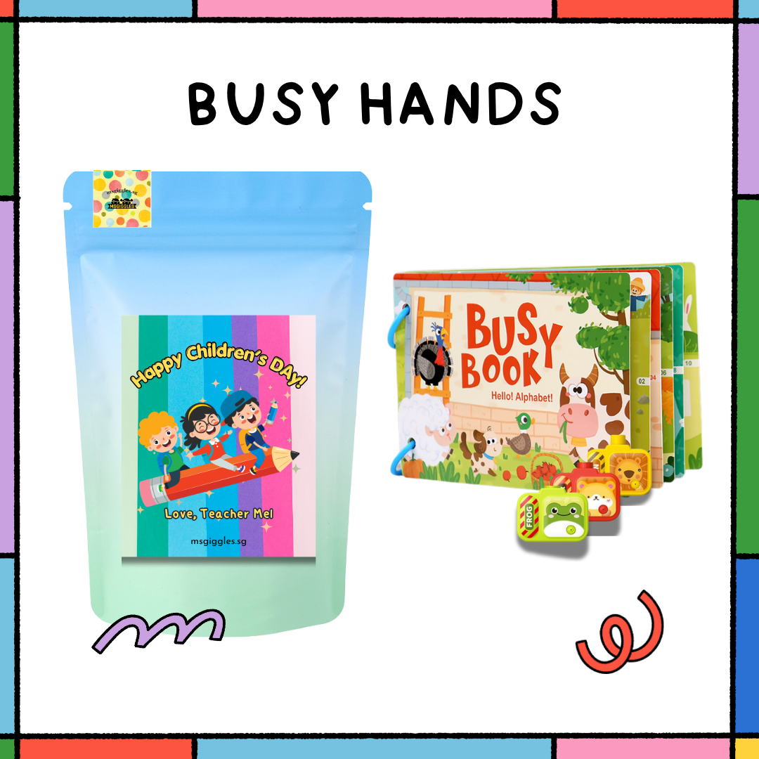Busy Hands Party Pack with colorful party activities and supplies on a table