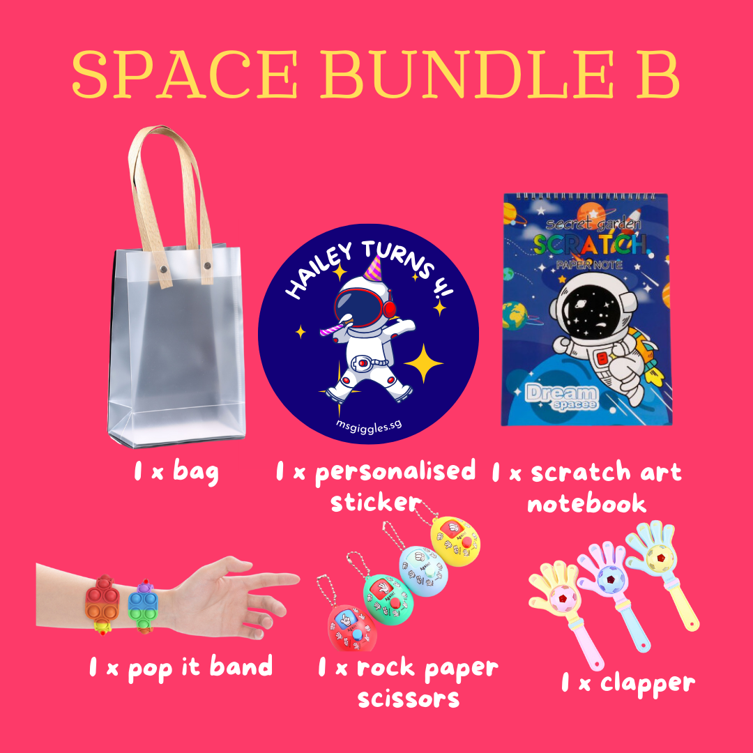 Scratch Art Party Pack with toys, notepad, and personalized sticker.
