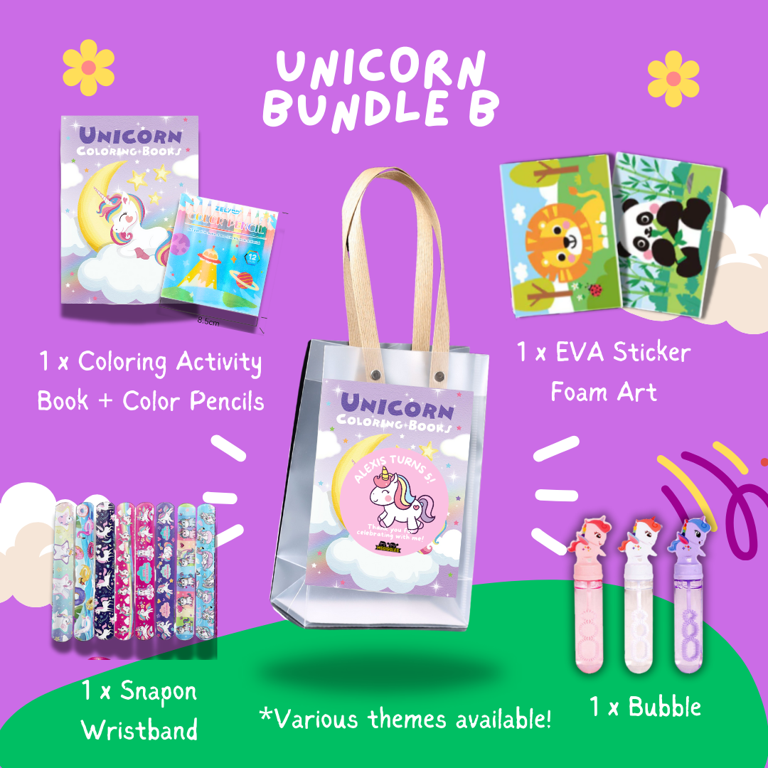 Fun with Colors party goodie bag bundle with coloring book, pencils, stickers, snap-on wristband, and bubble wand