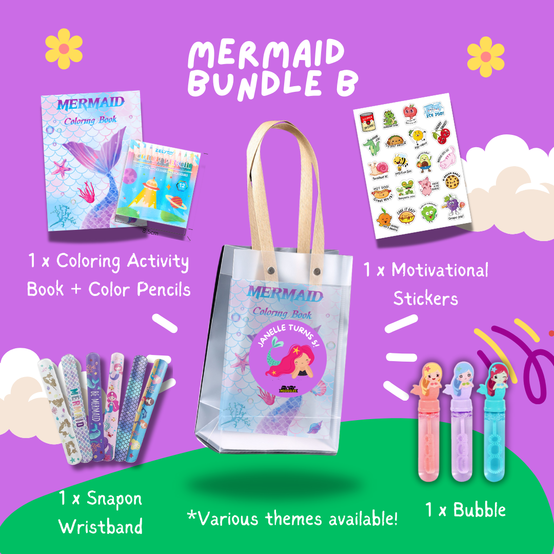 Fun with Colors Party Pack - Mermaid Bundle B with coloring book, stickers, wristband, and bubble wand.