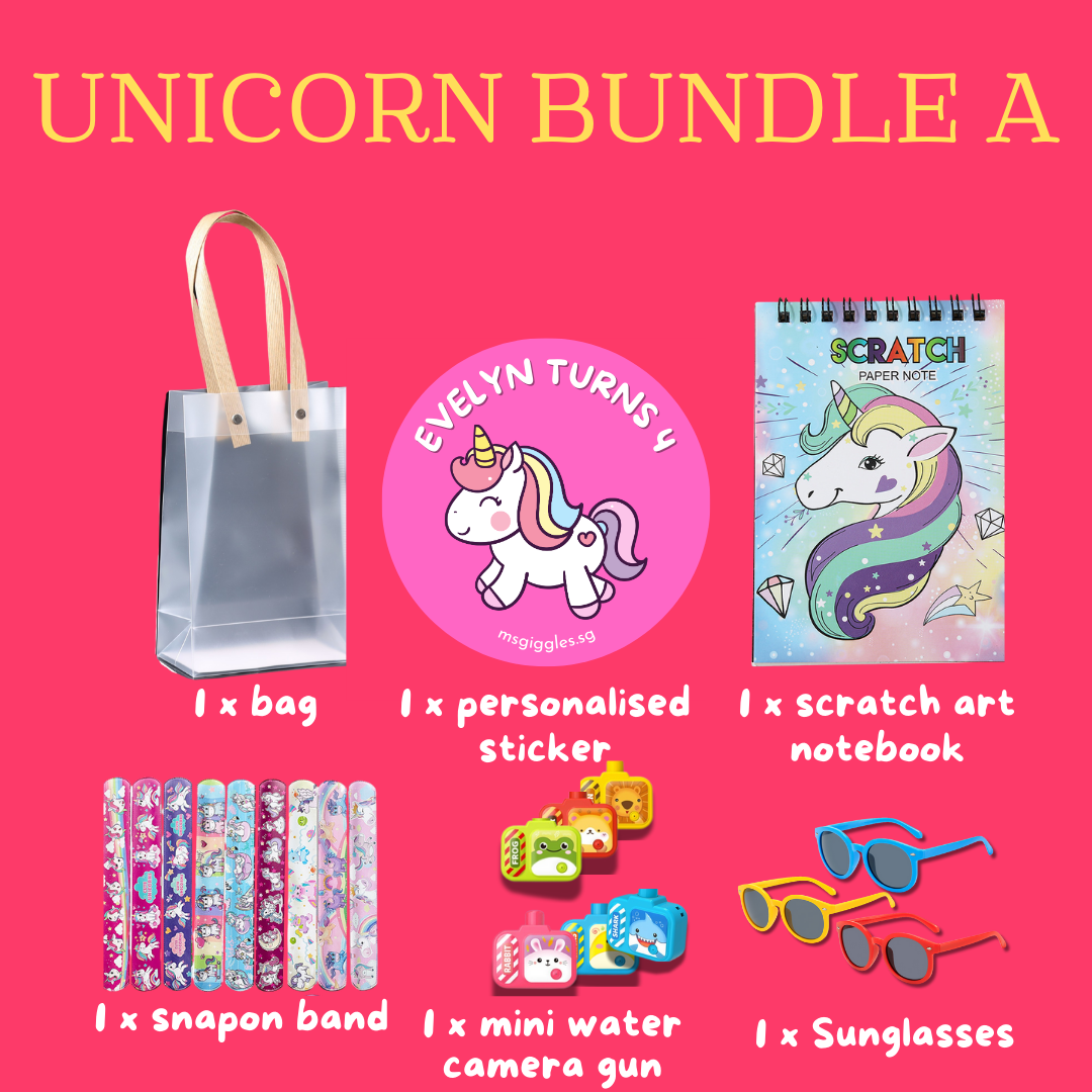Scratch Art Party Pack unicorn bundle with goodie bag, personalized sticker, scratch art notebook, snap-on bands, mini water camera gun, and sunglasses for kids' parties