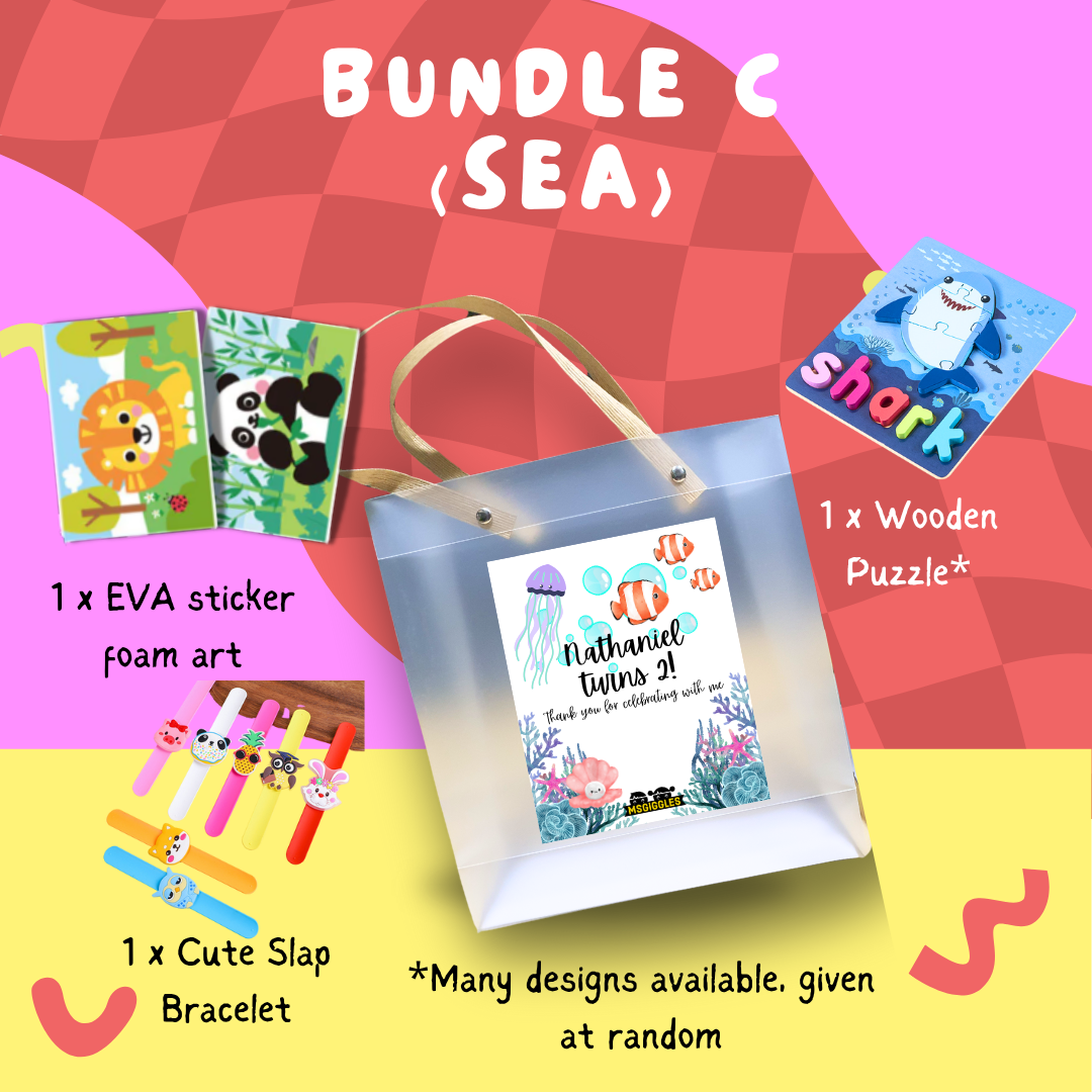 Montessori Puzzle Party Pack kids goodie bag with wooden puzzle, EVA foam art sticker, and cute slap bracelet in sea theme.