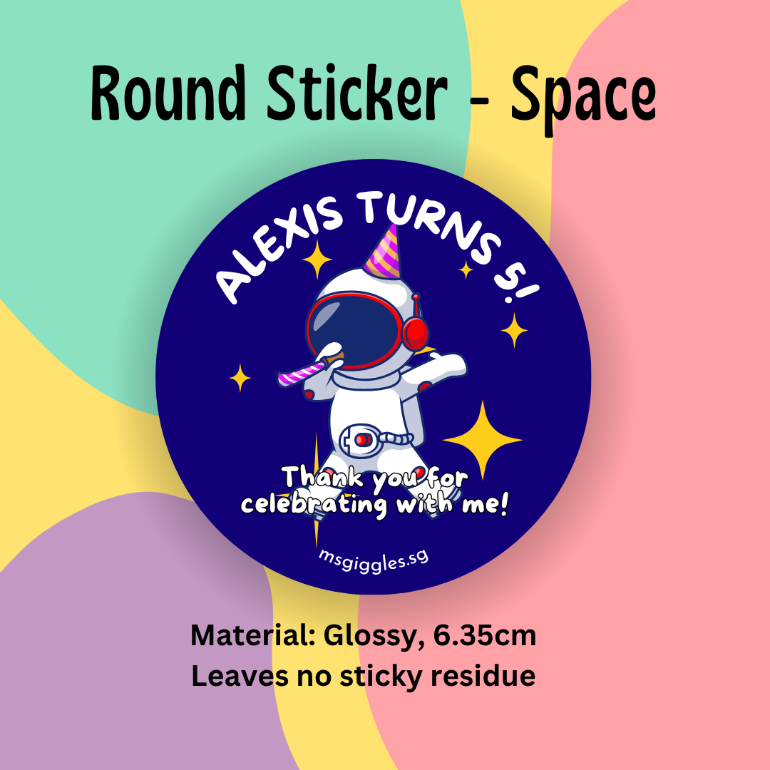 Round space-themed gift sticker with customizable message, 6.35cm diameter, glossy finish.