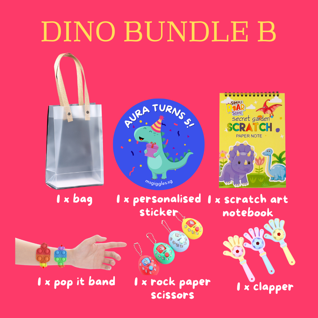 Scratch Art Party Pack with goodie bag, scratch art notebook, toys, and personalized sticker for kids' celebrations.