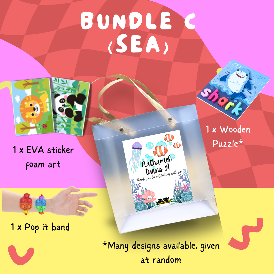 Montessori Puzzle Party Pack kids goodie bags with wooden puzzle, bubbles, sunglasses, EVA stickers, and pop it band for fun and learning