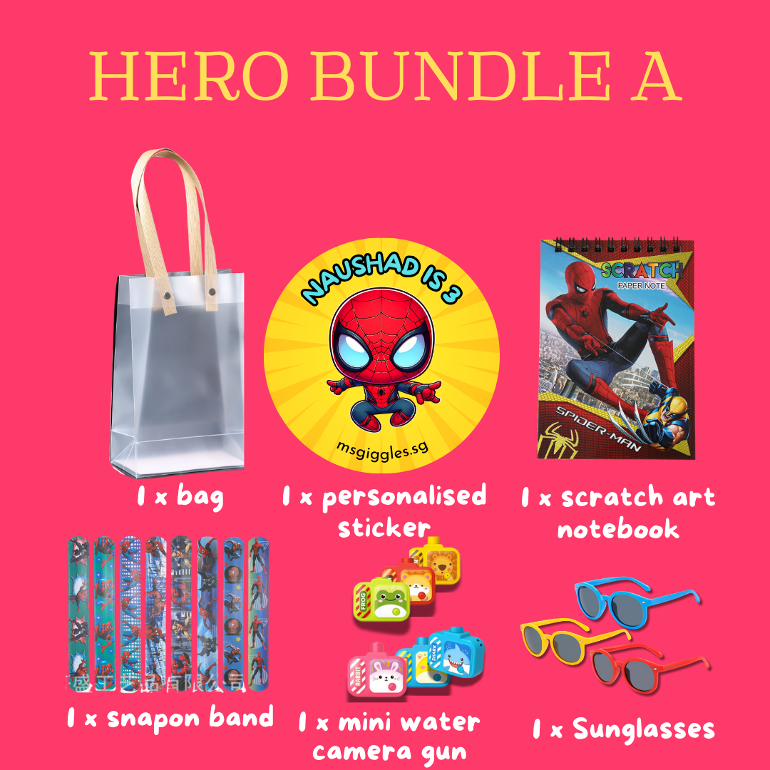 Scratch Art Party Pack hero bundle with bag, personalized sticker, Spider-Man scratch art notebook, snap-on band, mini water camera gun, and sunglasses on pink background