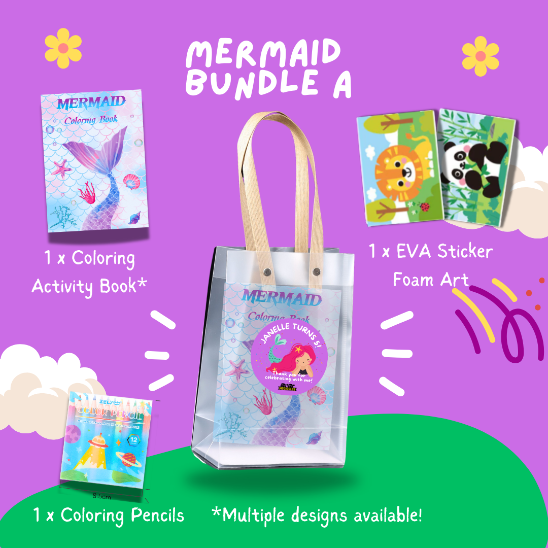 Fun with Colors Kids Party Pack Bundle A with mermaid coloring book, coloring pencils, and EVA foam stickers in clear tote bag