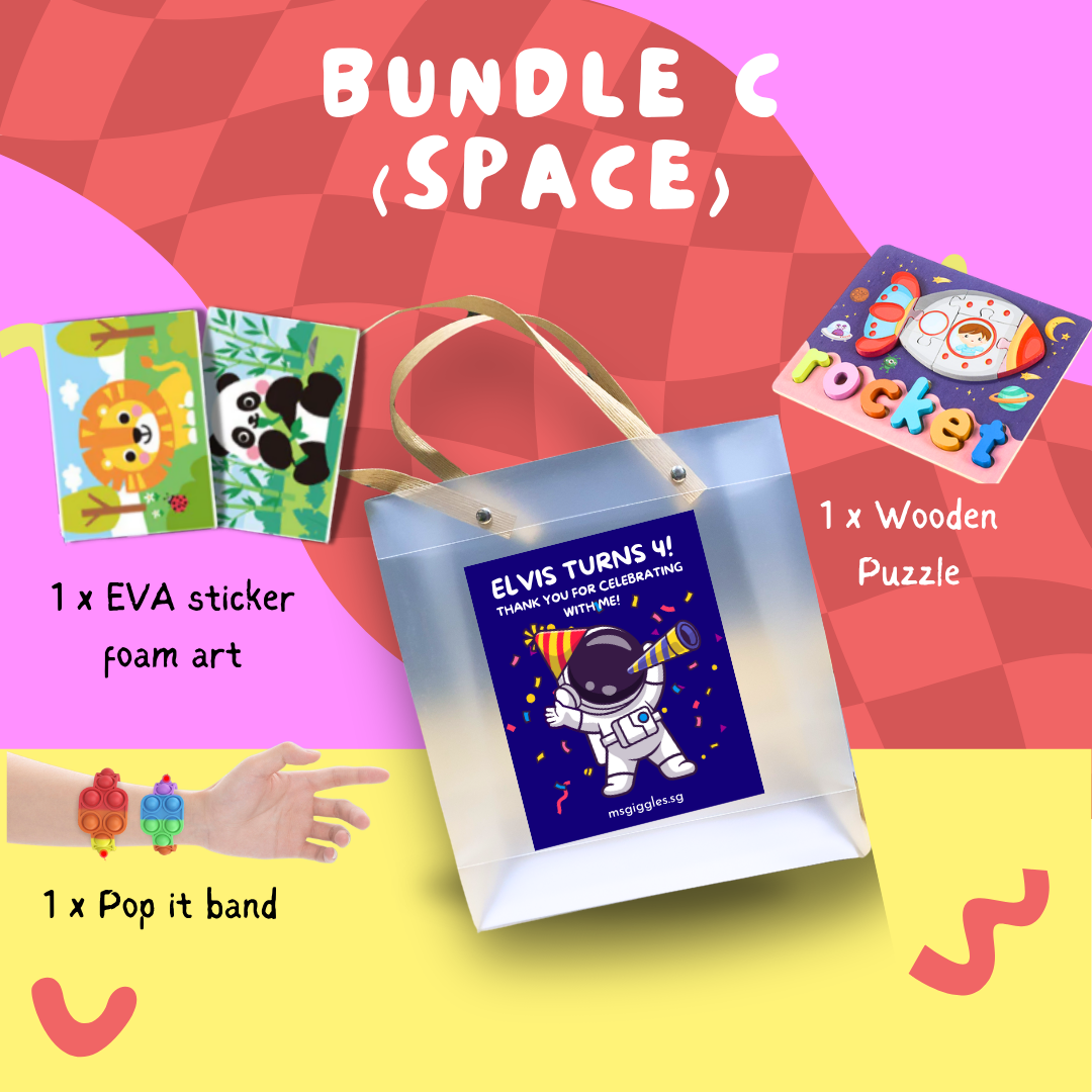 Montessori Puzzle Party Pack kids goodie bags with wooden puzzle, bubbles, sunglasses, EVA stickers, and pop-it band