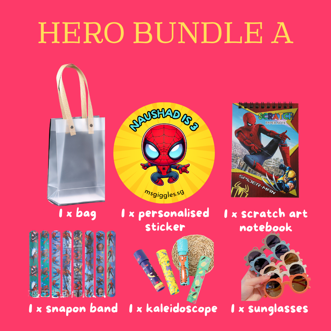 Scratch Art Party Pack with personalized sticker, scratch art notebook, snap-on band, kaleidoscope, sunglasses, and a gift bag for kids' parties