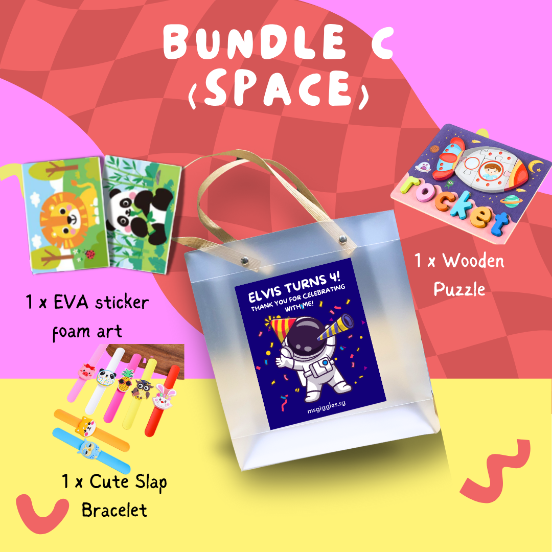 Montessori Puzzle Party Pack kids goodie bag with wooden space puzzle, EVA foam stickers, and cute slap bracelet
