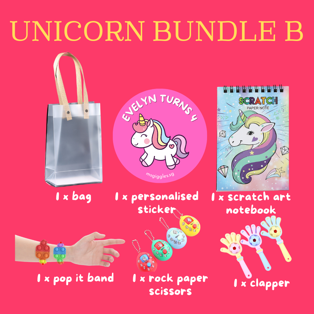 Scratch Art Party Pack with unicorn-themed notepad, personalized sticker, pop it band, rock paper scissors toys, and clapper in gift bag.