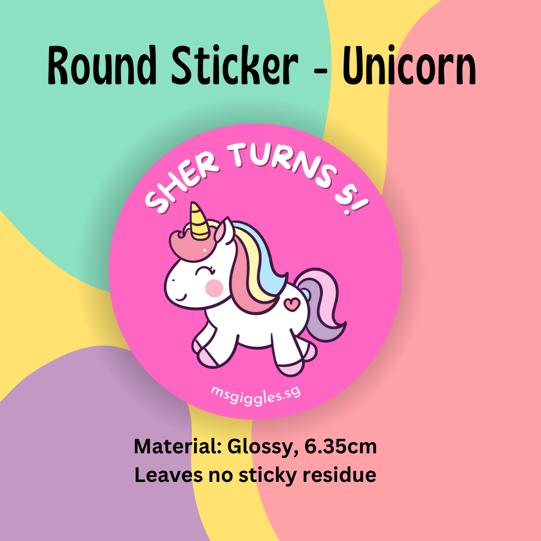Unicorn themed round sticker, customizable gift tag, 6.35cm, glossy finish.