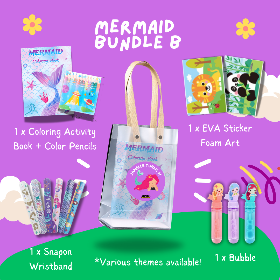 Fun with Colors Mermaid Bundle B party pack with coloring book, color pencils, snap-on wristband, EVA foam stickers, and bubble wand in a clear tote bag