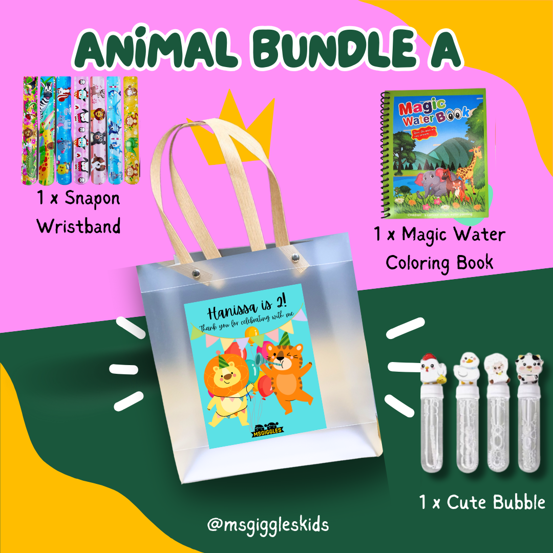 Kids goodie bags with magic water coloring book, snap-on wristband, cute bubbles, and animal-themed packaging for creative children's parties.