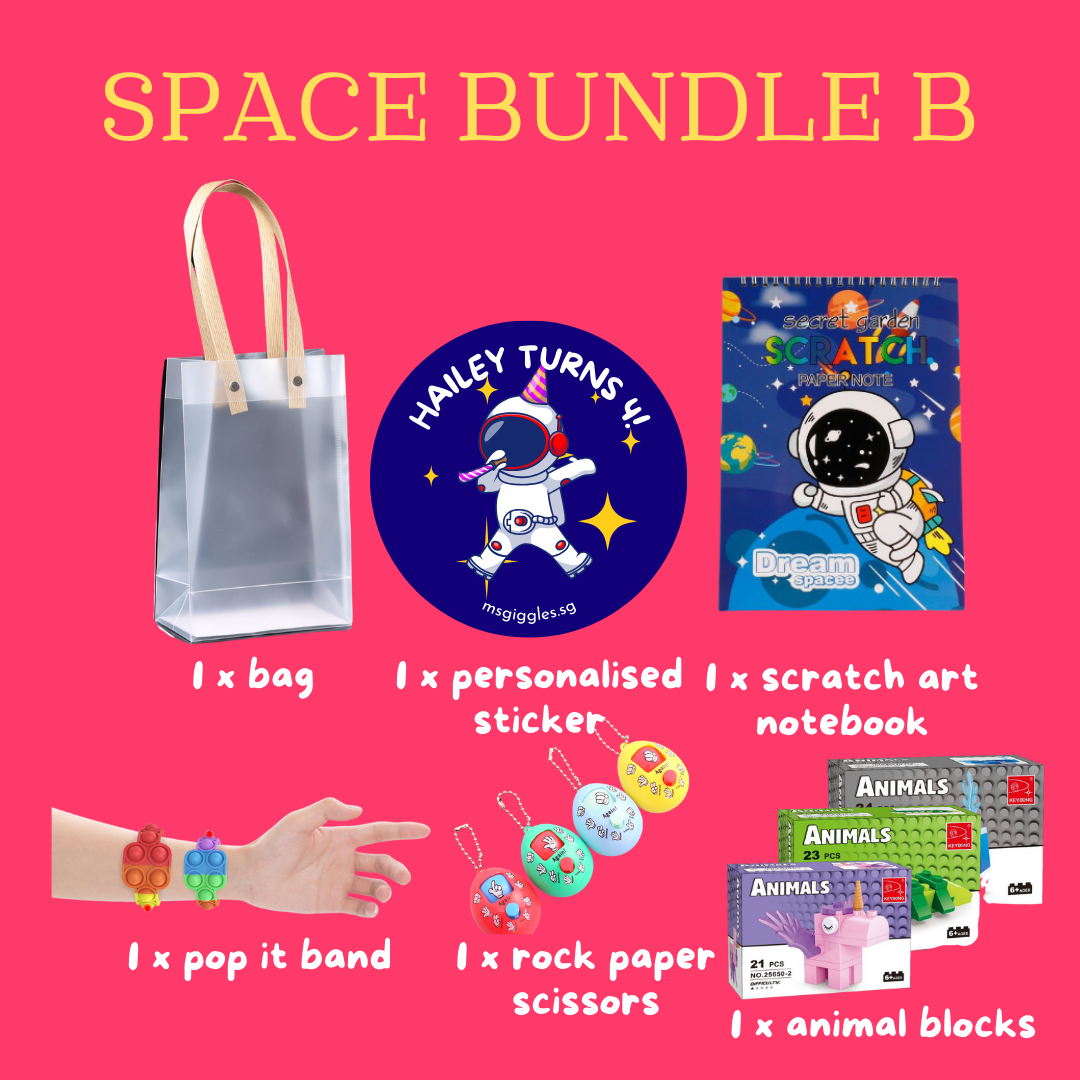 Scratch Art Party Pack with personalized sticker, scratch art notebook, pop it band, rock paper scissors, animal blocks, and party bag on pink background