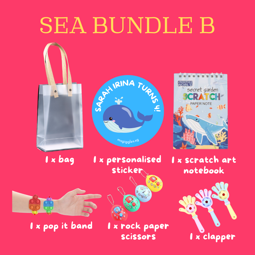 Scratch Art Party Pack with bag, personalized sticker, scratch art notebook, pop it band, rock paper scissors, and clapper.