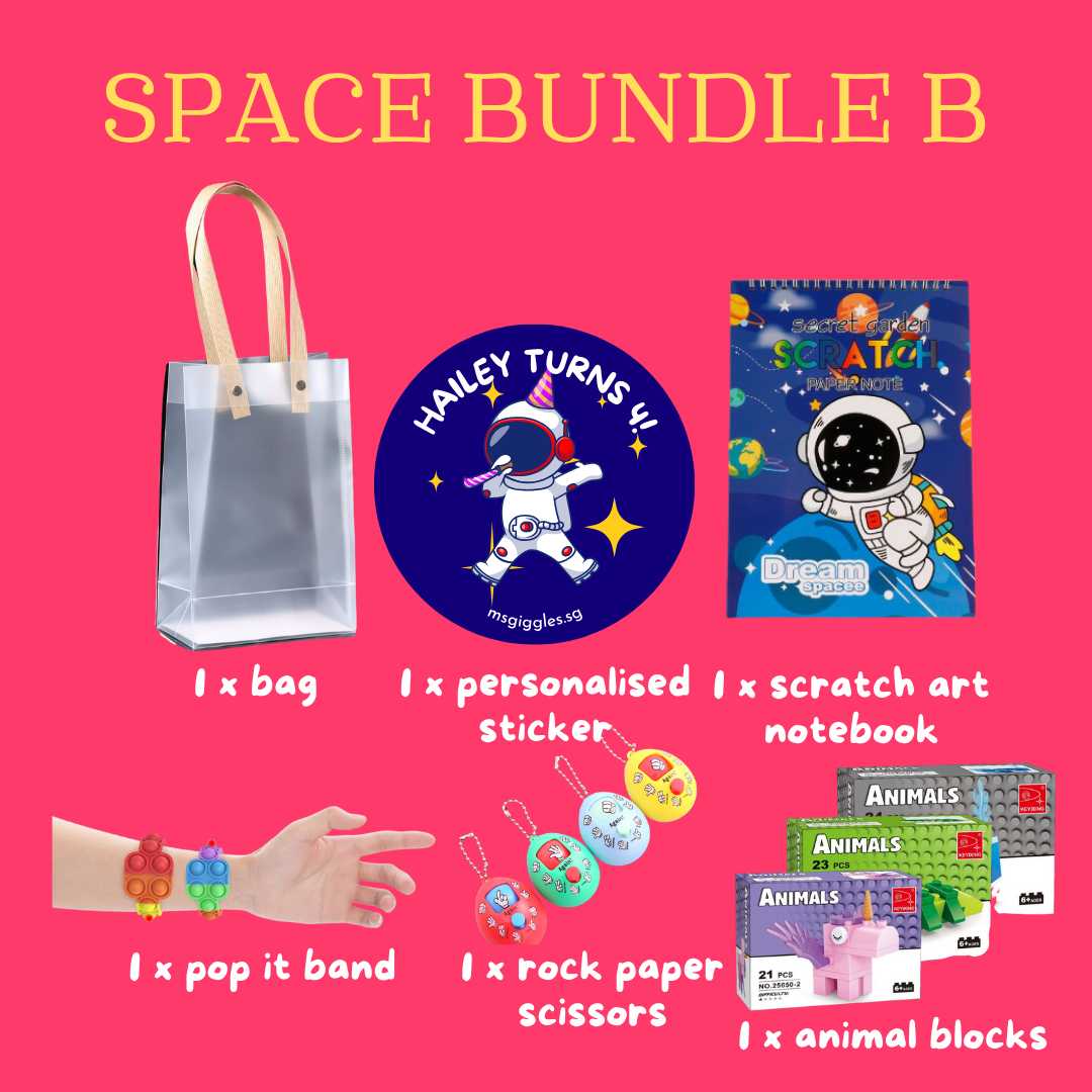 Scratch Art Party Pack with scratch art notebook, personalized sticker, pop it band, rock paper scissors, animal blocks, and clear tote bag for kids' parties and celebrations
