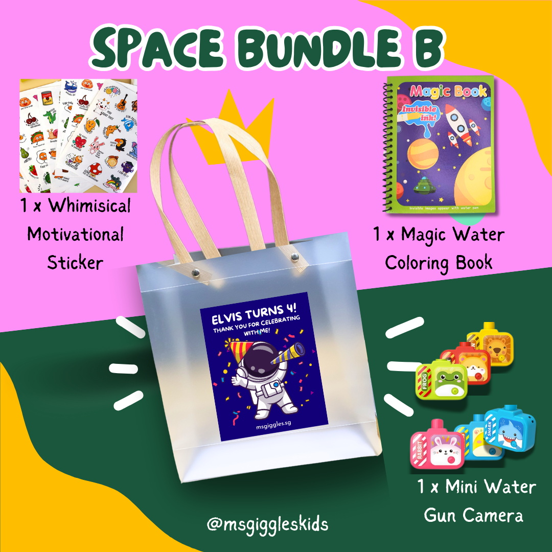 Kids goodie bags with magic water coloring book, whimsical stickers, and mini water gun camera in a space-themed party pack