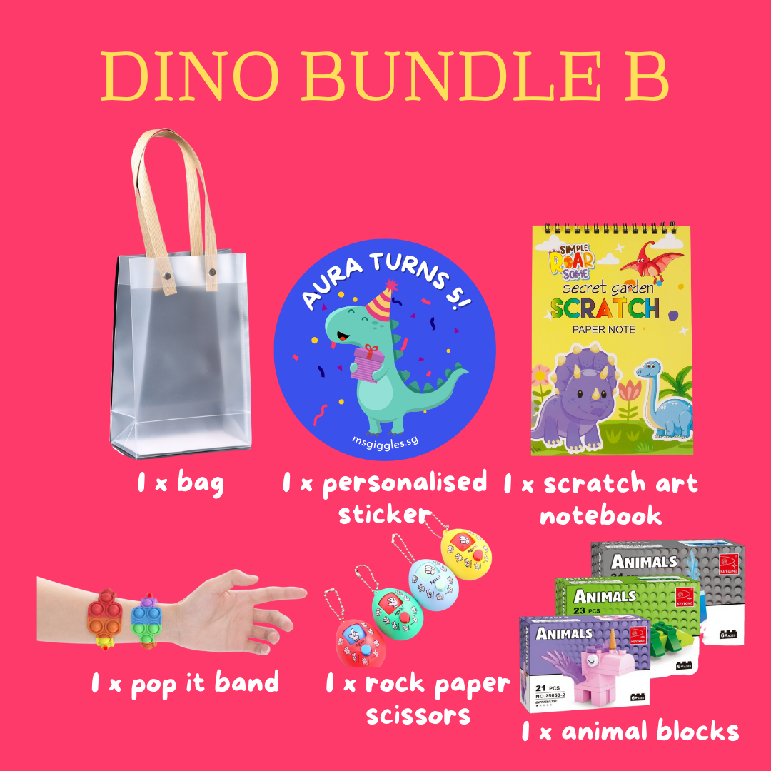 Scratch Art Party Pack with scratch art notebook, personalized sticker, pop it band, rock paper scissors, animal blocks, and clear bag for kids' party favors