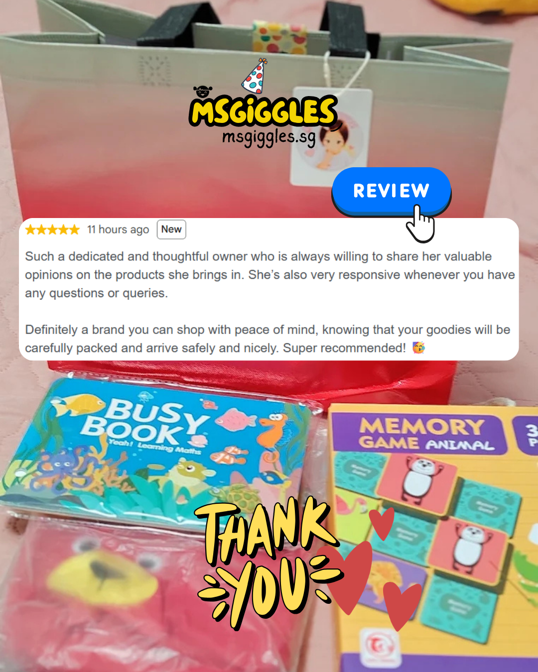 Bear-y Good Memories Gift Set with a blue sea-life Busy Book, colorful animal memory game, and red plush bear.